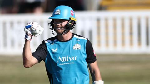 Ethan Brookes punches the air after clinching a win for Worcestershire Rapids against Leicestershire in the T20 Blast