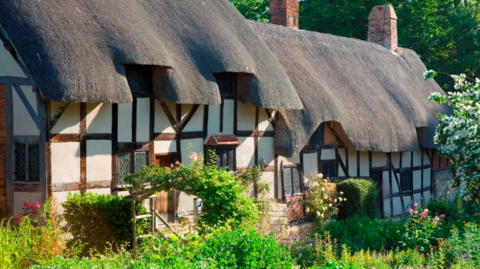 Anne Hathaway's Cottage has creamy yellow stonework, timber framing and a brown thatched roof. It has chimneys and there is shrubbery outside.