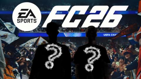 The cover of the new FC26 video game, showing fans in a stadium, with two silhouettes and a question mark in each.