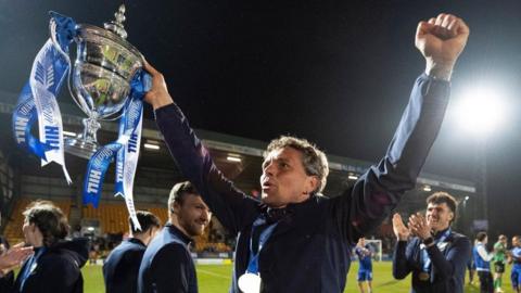 St Johnstone manager Simo Valakari with the Scottish Championship trophy