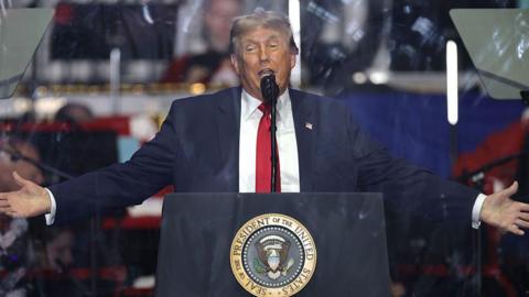 WASHINGTON, DC - JUNE 24: U.S. President Donald Trump speaks during a rally to kick off the Great American State Fair on the National Mall on June 24, 2026 in Washington, DC. The Freedom 250-backed Great American State Fair celebrates the 250th anniversary of the United States with pavilions, live performances, military demonstrations, and exhibits and runs through July 10th. 