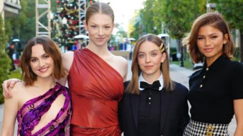  (L-R) Maude Apatow, Hunter Schafer, Sydney Sweeney, and Zendaya attend Euphoria FYC at Paramount Theatre on December 18, 2022 in Los Angeles, California