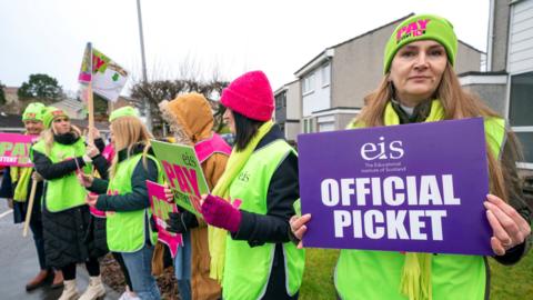 A group of teachers on an EIS picket line in a street in Dunfermline