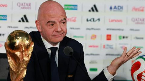 Fifa President Gianni Infantino speaking at a press conference 