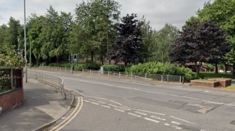 A road with metal fences on the pavement and two traffic lights on green. Many trees line the right-hand side of the road.