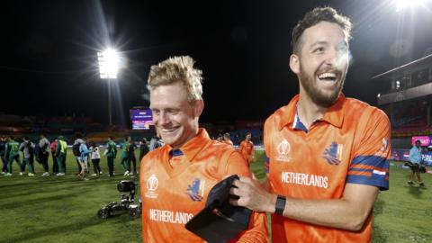 Paul van Meekeren and Sybrand Enelbrecht of Netherlands celebrate after beating South Africa at the Cricket World Cup