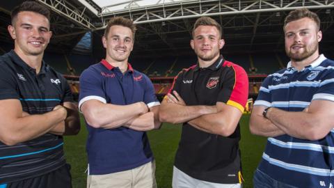 Ospreys' Owen Watkin, Scarlet's Jonathan Davies, Dragons' Elliot Dee and Cardiff Blues' Owen Lane