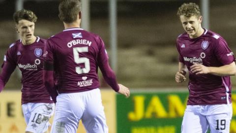 Arbroath's Jack Hamilton celebrates making it 1-0 during the Scottish Championship match between Abroath and Inverness Caledonian Thistle