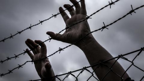 Hands on barb wire - stock photo