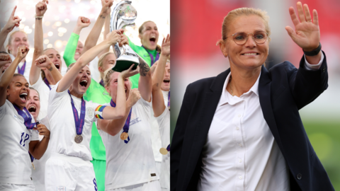 England lift the Euro 2022 trophy and Sarina Wiegman celebrates with fans