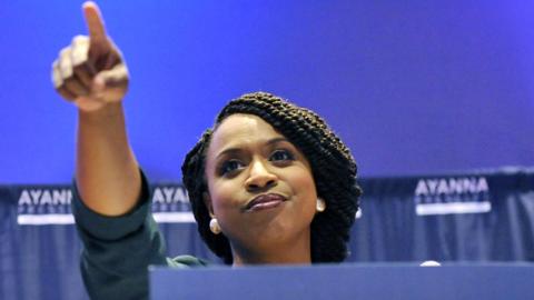 Ayanna Pressley, Boston City Council member and Democratic candidate for congress pointing on stage