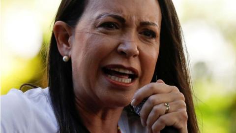 enezuelan opposition presidential candidate Maria Corina Machado addresses supporters during an event, in Caracas, Venezuela January 23, 2024. REUTERS