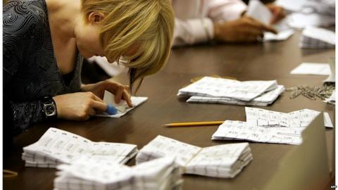 Woman counting ballot papers