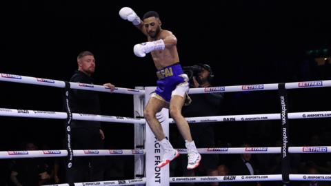 Galal Yafai celebrates by jumping in the air