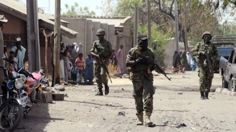 Nigerian soldiers patrol the streets of the town of Baga, Borno state. File photo