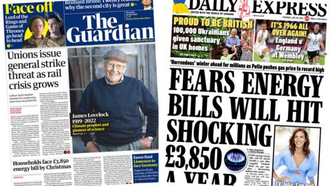 The headline in the Guardian reads, "Union issue general strike threat as rail crisis grows", while the headline in the Express reads, "Fears energy bills will hit shocking £3,850 a year"