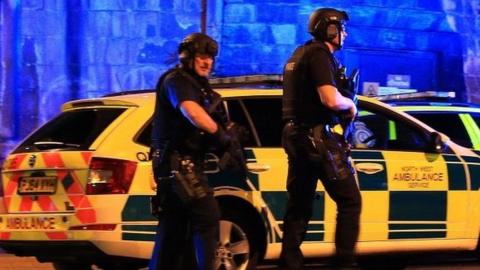 Armed Police officers at Manchester Arena following explosion at the venue during an Ariana Grande gig, May 22nd 2017