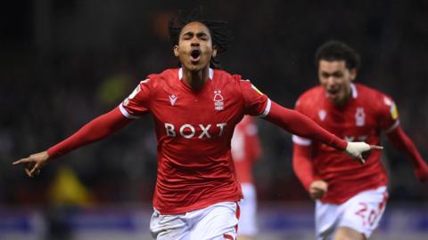 Spence celebrates his goal for Nottingham Forest