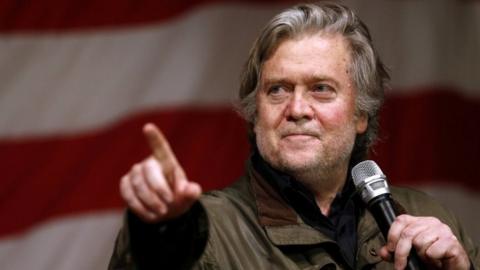 Steve Bannon speaks during a campaign event in Alabama.