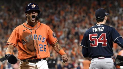 Houston Astros outfielder Jose Siri celebrates after scoring a run