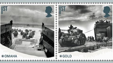 D-Day stamps showing troops on Omaha and Gold beaches