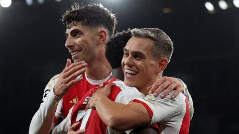 Leandro Trossard celebrates scoring for Arsenal against Sevilla