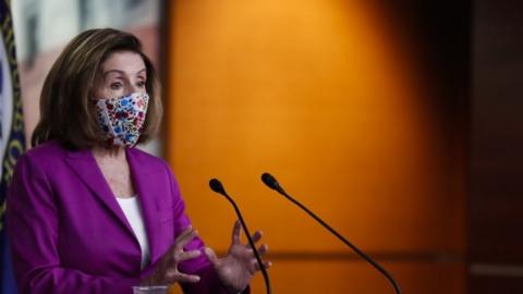 Speaker of the House Nancy Pelosi delivers remarks during a press conference in the US Capitol in Washington