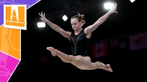 A gymnast competes on the floor