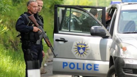 Armed Kosovo police during a raid near the town of Zubin Potok. Photo: 28 May 2019