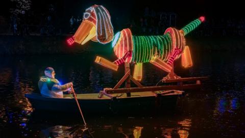 Slinky dog illumination at Matlock Bath Illuminations 2023