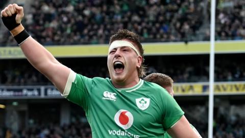 Ireland's Joe McCarthy celebrates one of his side's tries