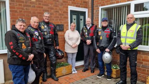 Adele Fessey with the RMP Bikers outside Russell Aston Home for Veterans in Rugeley