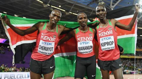 Elijah Manangoi of Kenya is congratulated by Timothy Cheruiyot and Asbel Kiprop of Kenya after winning the men's 1500m at August's World Championships in London.