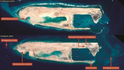 Satellite images of Fiery Cross Reef (CNES 2015, Distribution Airbus DS / Spot Image / IHS)