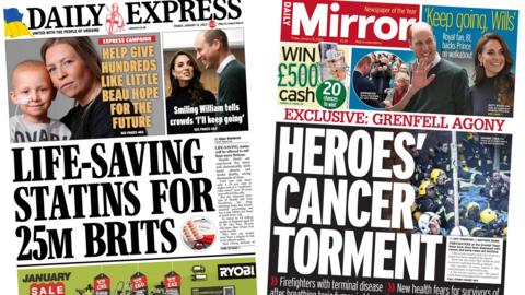 The headline on the front page of the Daily Express reads 'Life-saving statins for 25m Brits' and the headline on the front page of the Daily Mirror reads 'Heroes' cancer torment'