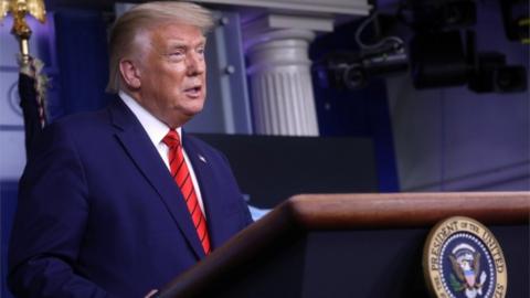 President Donald Trump speaks at a White House press conference, 31 August 2020