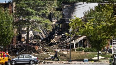 A fire and explosion destroyed part of the Flower Branch Apartment Complex in Silver Spring, Maryland, US