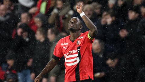 Hamari Traore celebrating his goal for Rennes