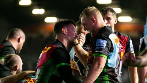 Danny Care celebrates his try for Harlequins