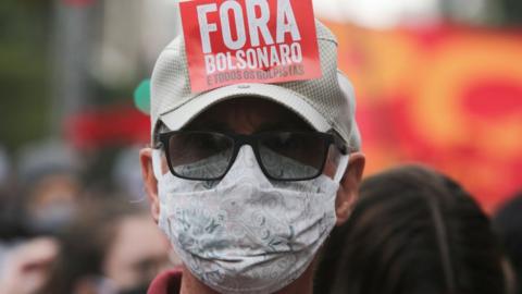 Protesters take action against the President of Brazil, Jair Bolsonaro, on avenue Paulista, in the central region of the city of Sao Paulo, Brazil