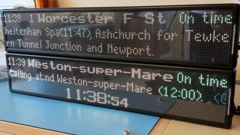 Railway departure boards on a table