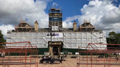 Ossett Town Hall wrapped in scaffolding