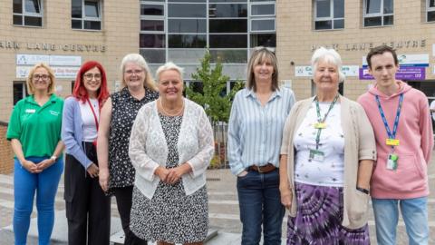 (left to right): Kelly("Families in Telford"), Liz Taylor (Team Leader Lakeside SouthStrengthening Families), Jacqui Idiens (Park Lane Centre Manager), Cllr ShirleyReynolds (cabinet member for Early Years, Children and Young People), SharonWelch (Wooden Tops Day Nursery Business Manager), Janet Smith (Director at ParkLane Centre), Carl Bailey (Challenging perceptions, Director Park Lane Centre)