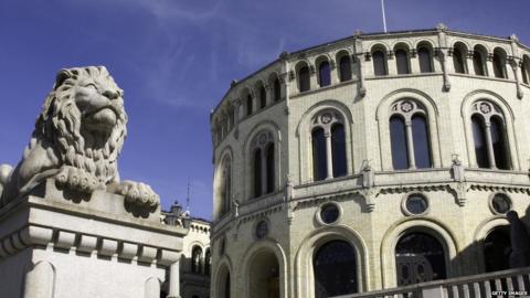 Lion sculpture in front of Norway's Parliament building in Oslo