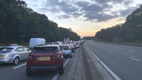 The anti-clockwise carriageway of the M25 is closed between junctions 26 and 27