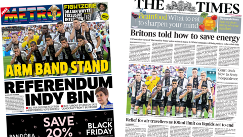 The headline in the Metro reads, "Referendum indy bin", while the headline in the Times reads, "Britons told how to save energy"