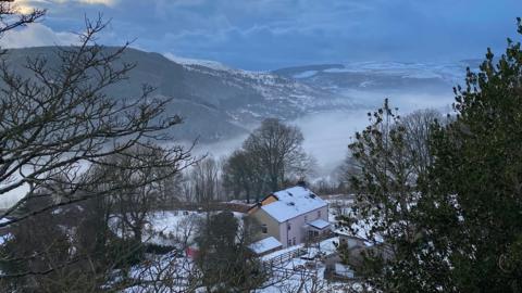 Rhondda Valley covered in snow and mist