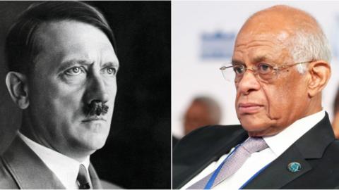 A composite image showing Nazi dictator Adolf Hitler, left, and Egyptian speaker Ali Abdel Aal on the right