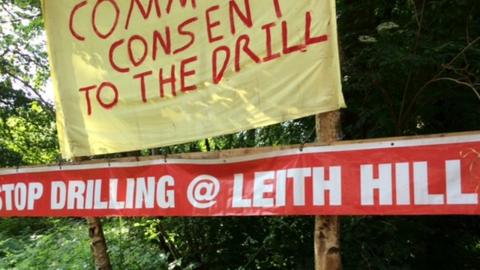 Protest banners at the protest camp near Leith Hill