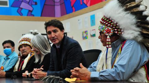 Mr Trudeau meets James Smith Cree Nation Chief Wally Burns and other leaders
